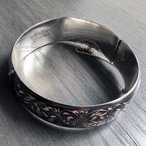 Vintage FORSTNER Black Silver Sterling  Floral Hinged Engraved Bangle Bracelet